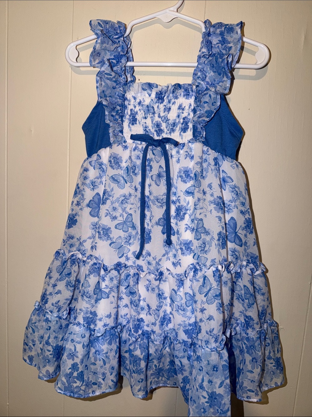 Blue Floral Ruffle Girls Dress with Butterfly Print - Picture 4 of 5